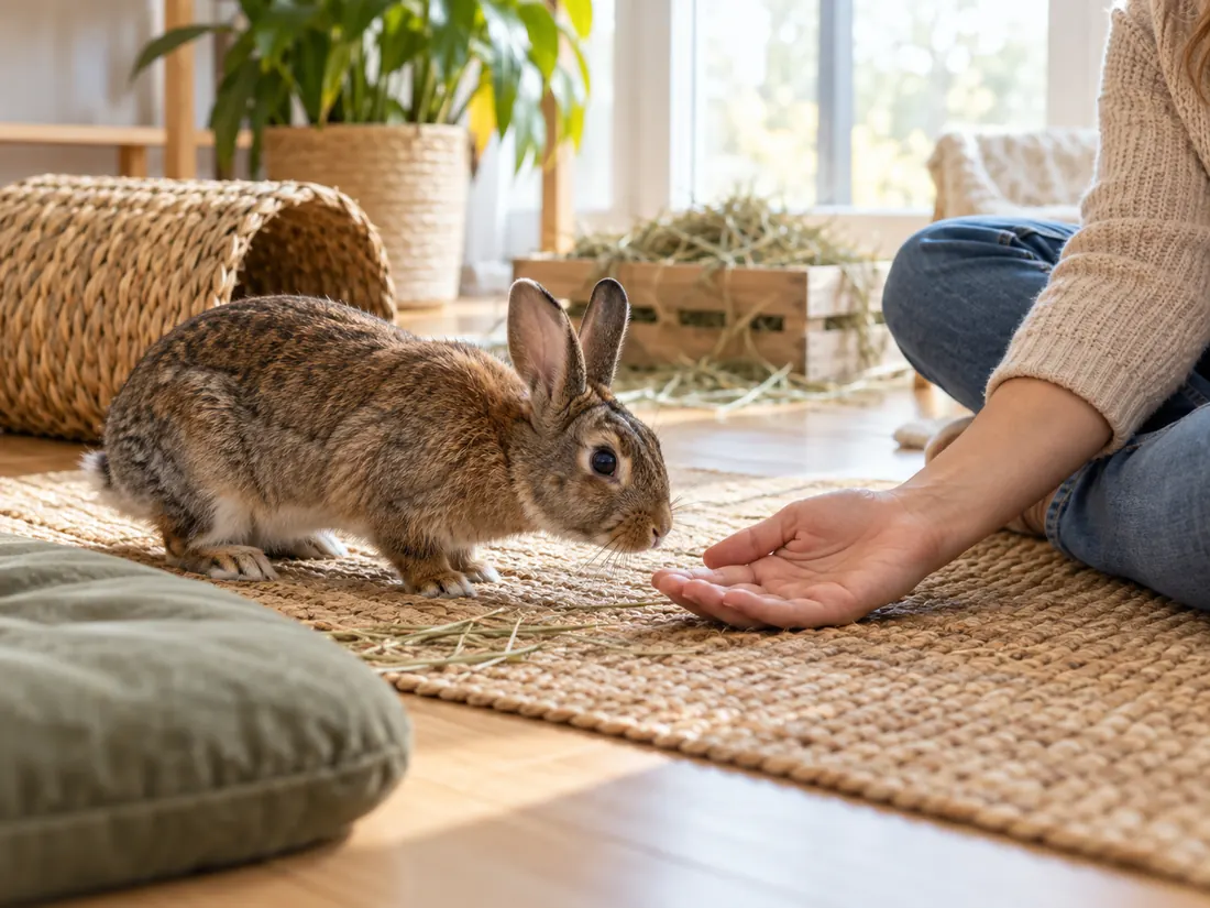Een konijn en zijn baasje in een rustige huiselijke omgeving